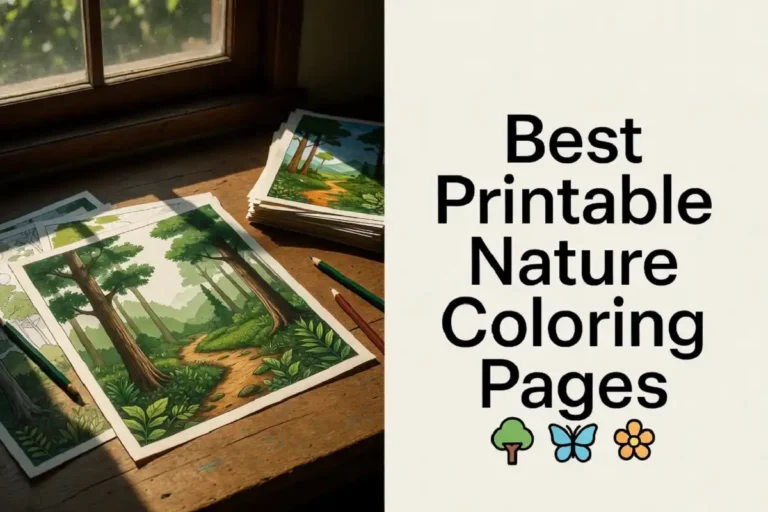 Printable nature coloring pages on a desk with colored pencils and a forest design