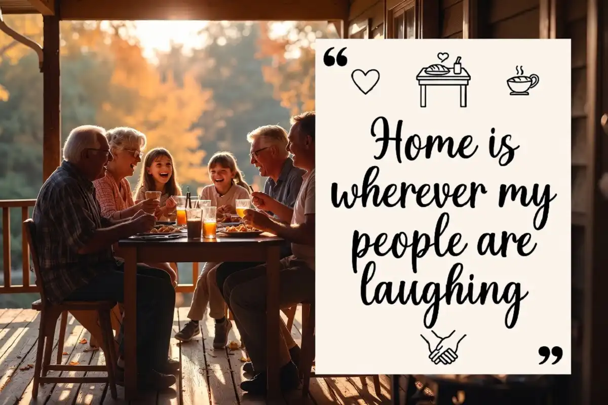 Happy family moments quotes displayed beside a multigenerational family laughing at dinner