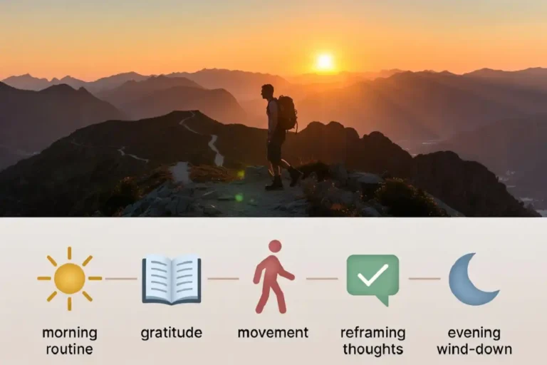 Infographic showing the five habits behind daily mindset improvement, from morning routine to evening wind-down