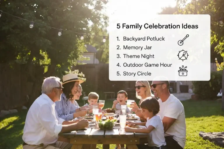 family celebration ideas shown through a backyard gathering with a quick idea checklist.