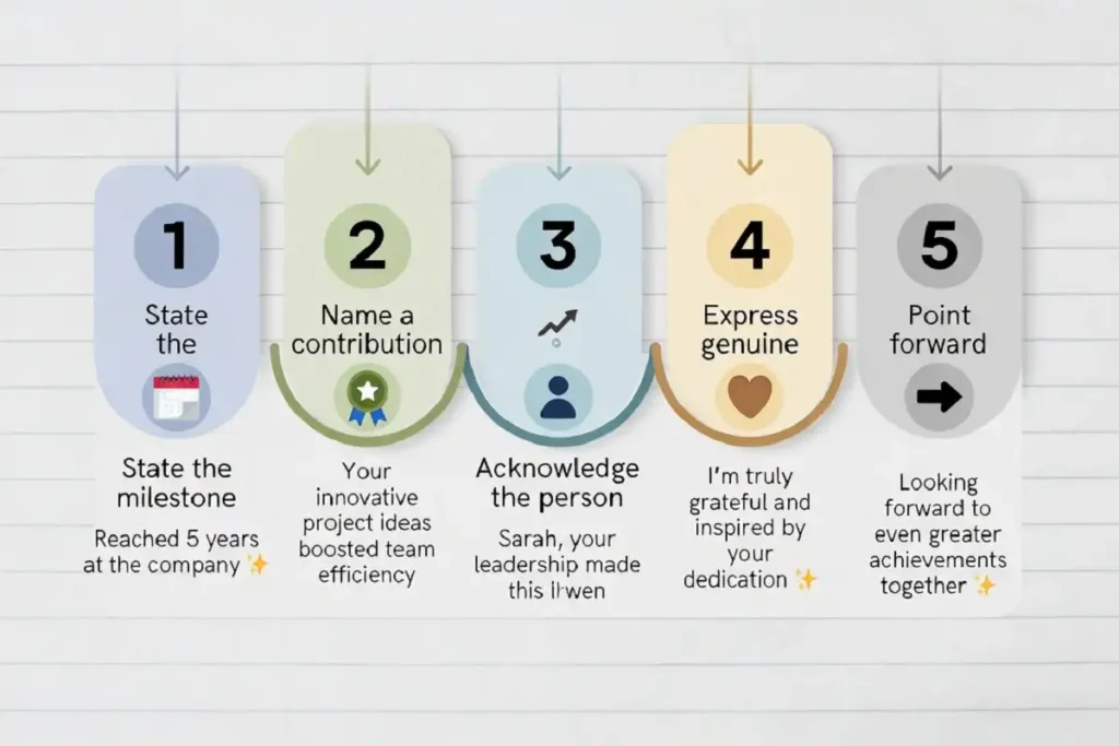 Step-by-step framework infographic with icons and examples for writing authentic unique work anniversary wishes for employees
