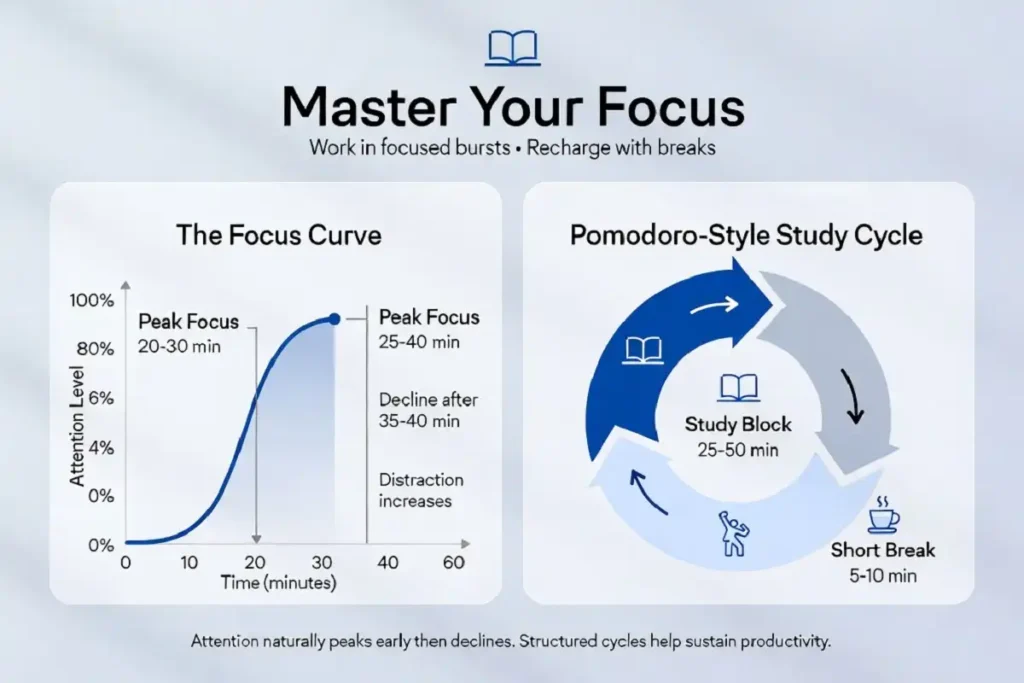 Study session timing chart showing focused work blocks and breaks