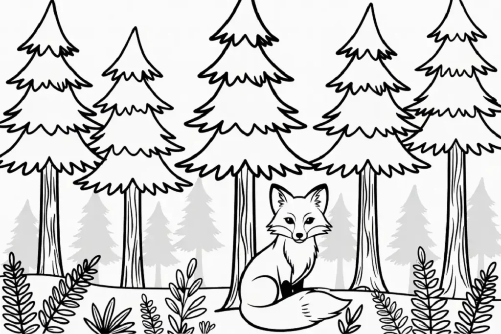 Printable nature coloring page of a forest with pine trees and a fox