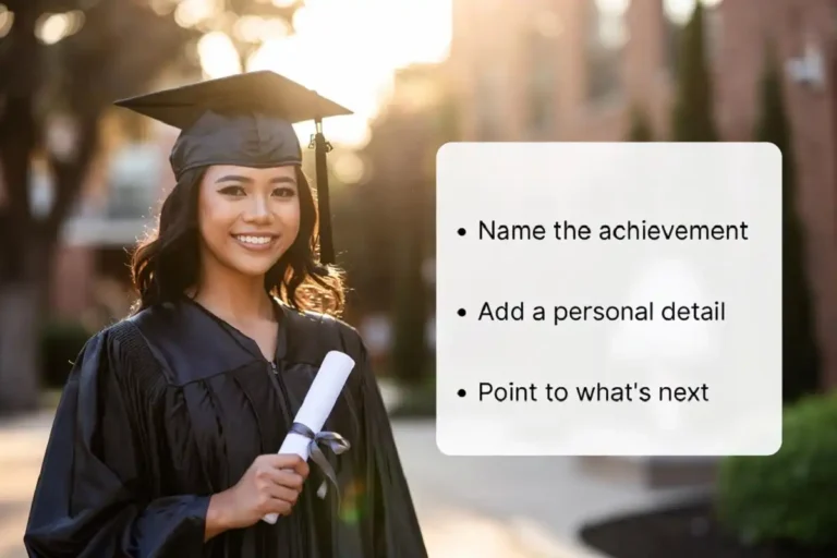 Graduate in cap and gown next to an infographic showing how to write graduation congratulations messages