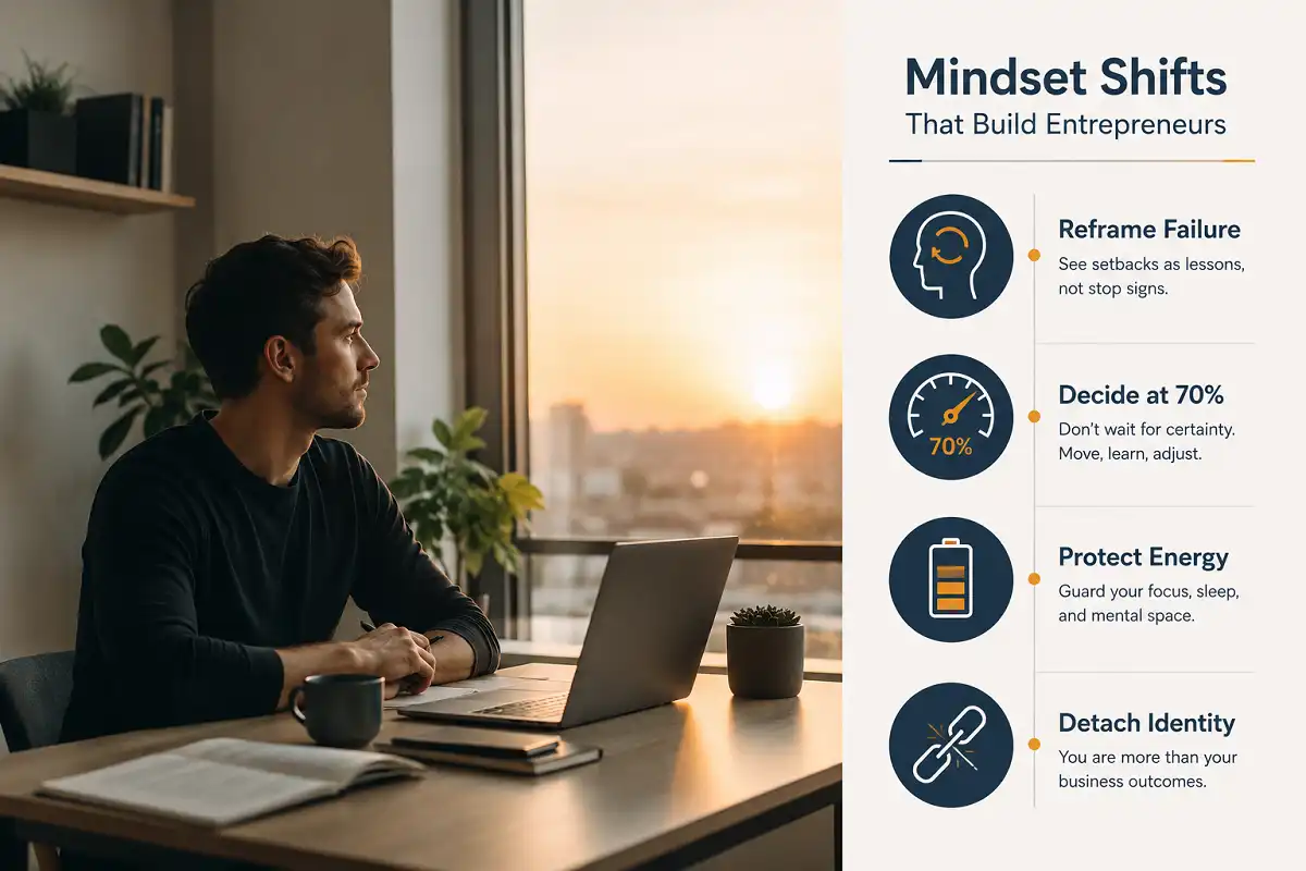 Infographic showing key mindset lessons for entrepreneurs including reframing failure and protecting energy