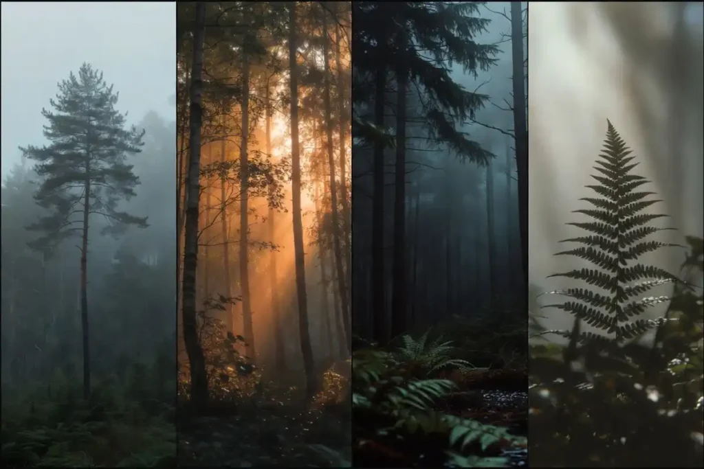 Forest aesthetic wallpaper styles showing calm, warm, dark, and minimalist forest moods