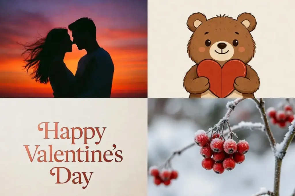 Four types of happy valentines day images including romantic, cute, typography, and nature styles