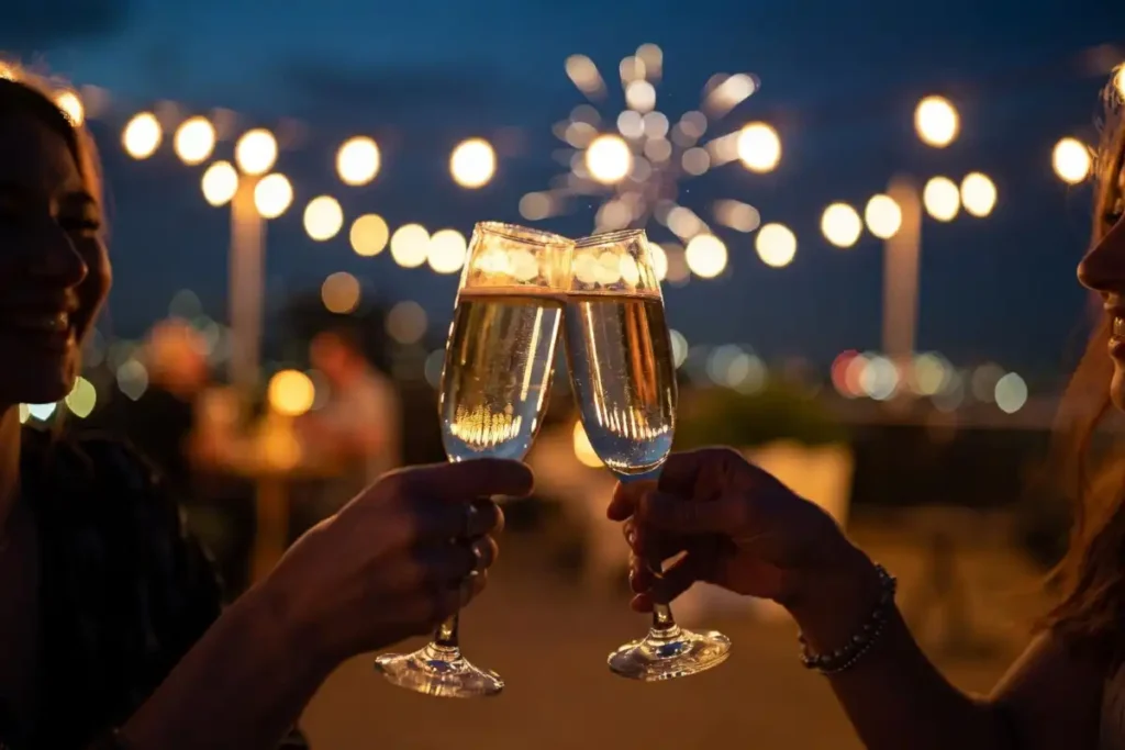 Two friends toasting at a rooftop party while exchanging happy new year wishes 2027