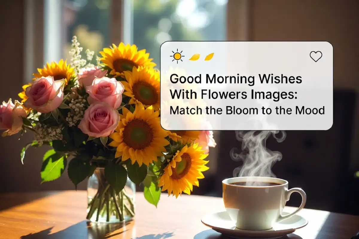 Good morning wishes with flowers images shown through a sunlit rose and sunflower bouquet with a mood-matching guide overlay