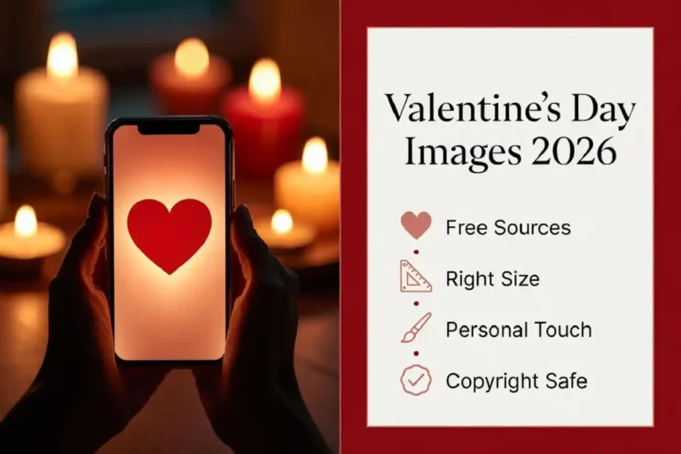 Happy valentines day images guide showing a phone greeting beside an infographic with free sources, sizing, personalization, and copyright tips