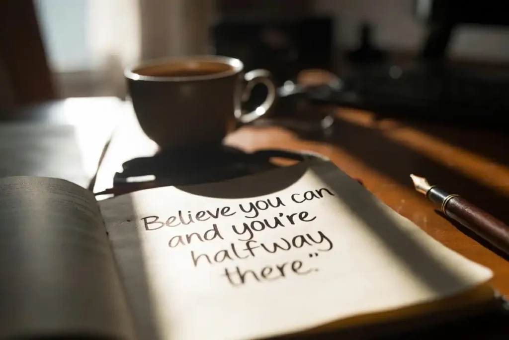 Journal page with a handwritten motivational quote for success beside a morning coffee cup