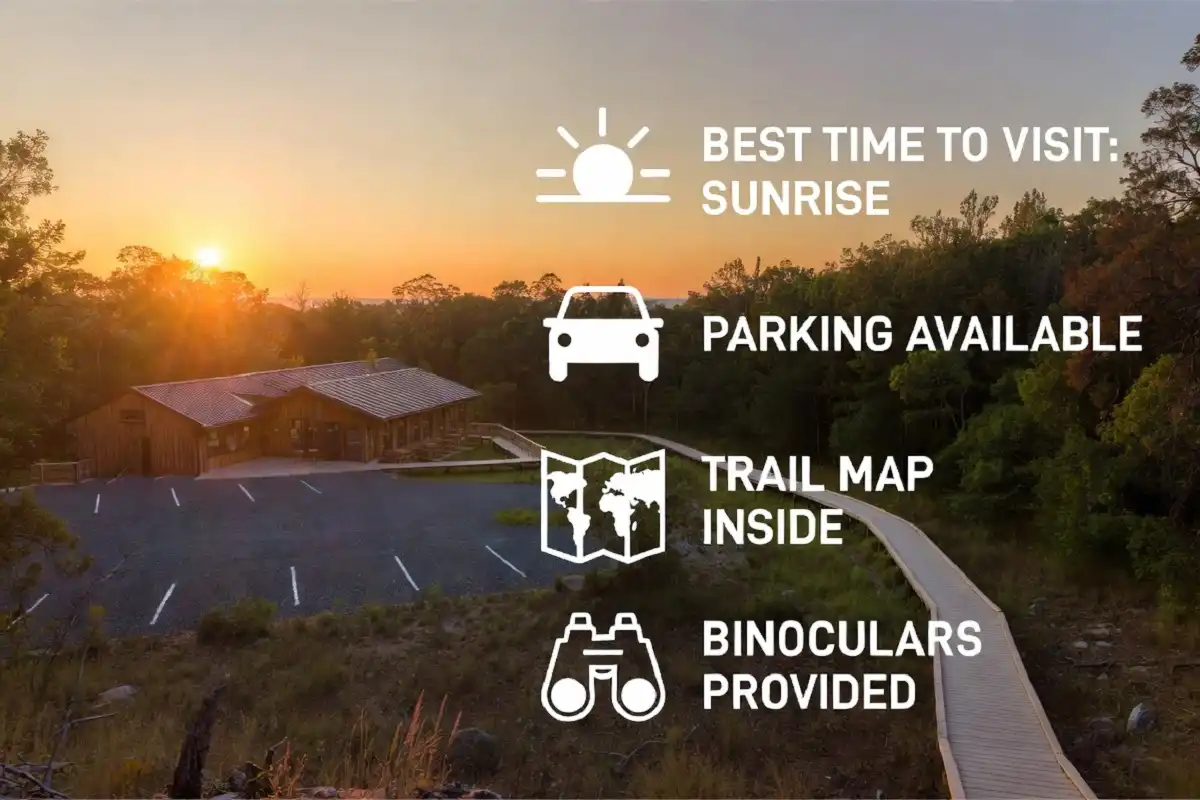 Nature center travel guide showing best visit time, parking, trails, and gear at a forested trailhead