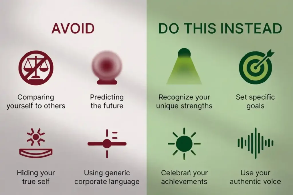 Side-by-side infographic comparing what to avoid versus best practices for delivering unique work anniversary wishes to employees