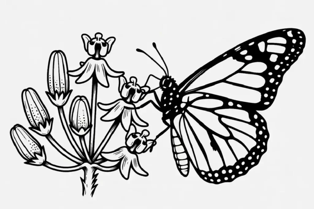 Printable nature coloring page of a monarch butterfly on milkweed