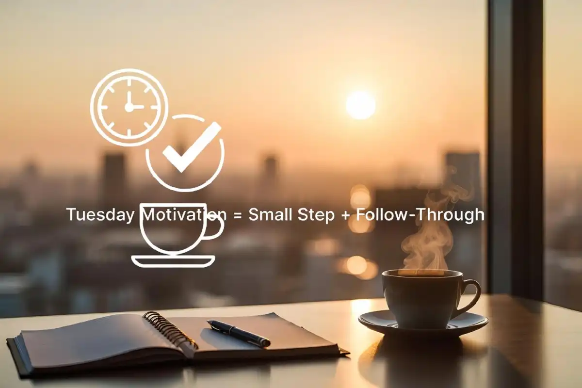 Photorealistic infographic showing happy Tuesday motivation quotes formula for a productive morning