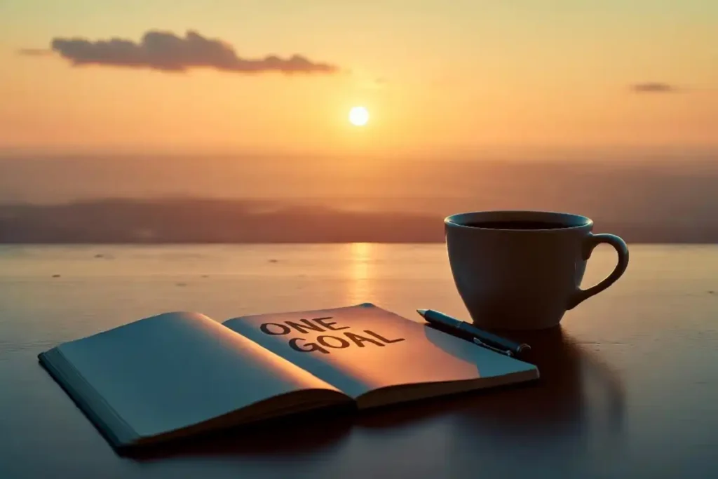 Notebook and coffee representing a morning routine for daily inspiration for work