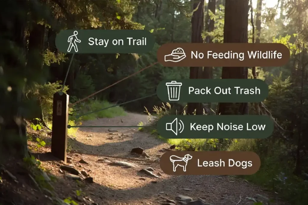 Nature center travel etiquette showing trail rules and Leave No Trace principles