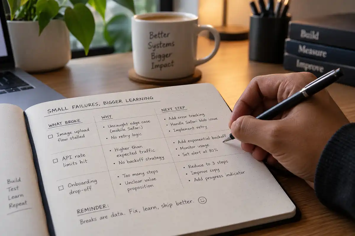 Entrepreneur journaling a failure review as part of mindset lessons for entrepreneurs