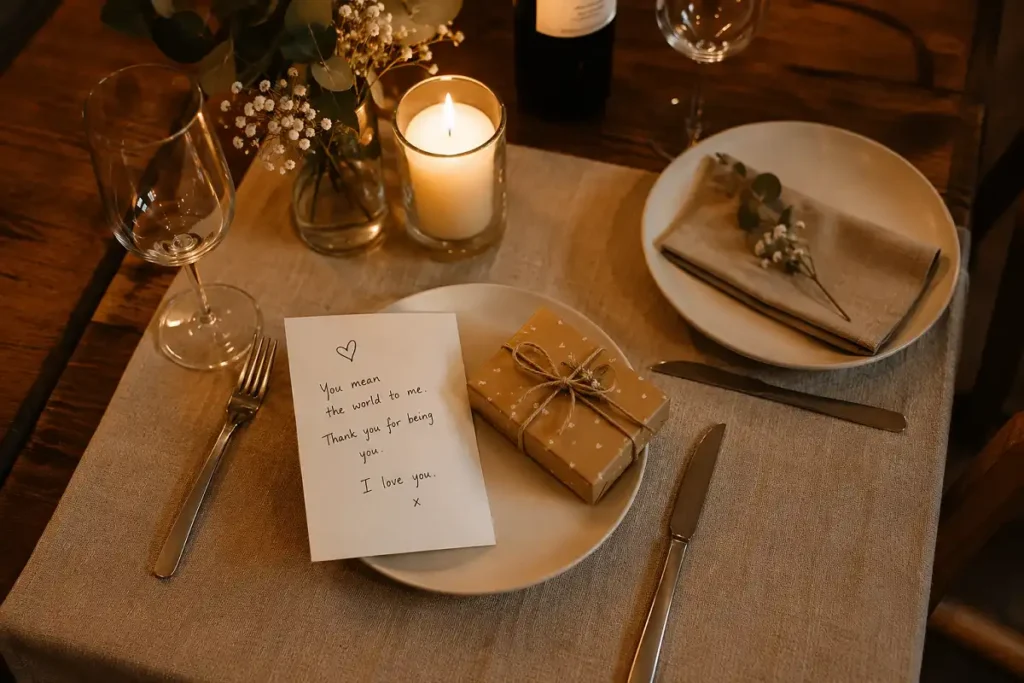 Table setting showing how to pair wedding anniversary wishes for wife with a gift
