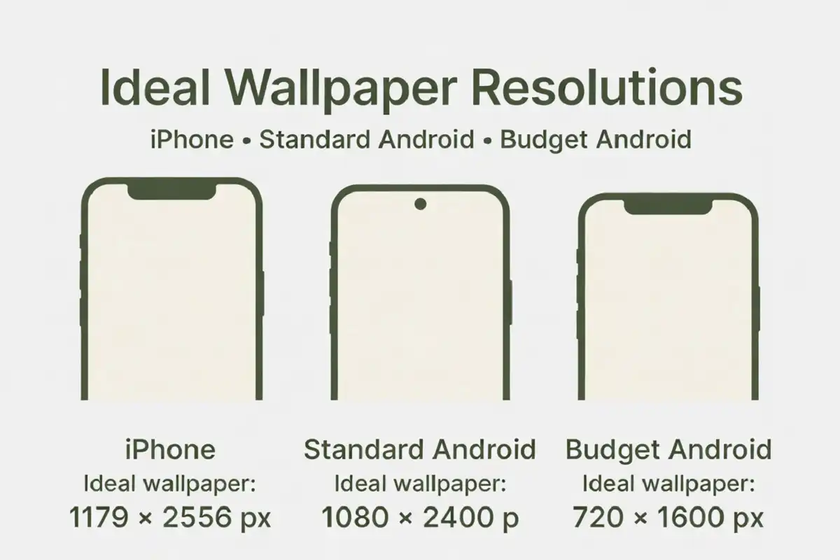Forest aesthetic wallpaper for phone resolution guide comparing iPhone and Android screen sizes