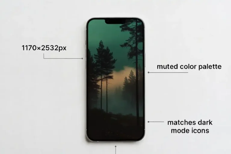 Forest aesthetic wallpaper for phone shown on a lock screen with resolution and style notes