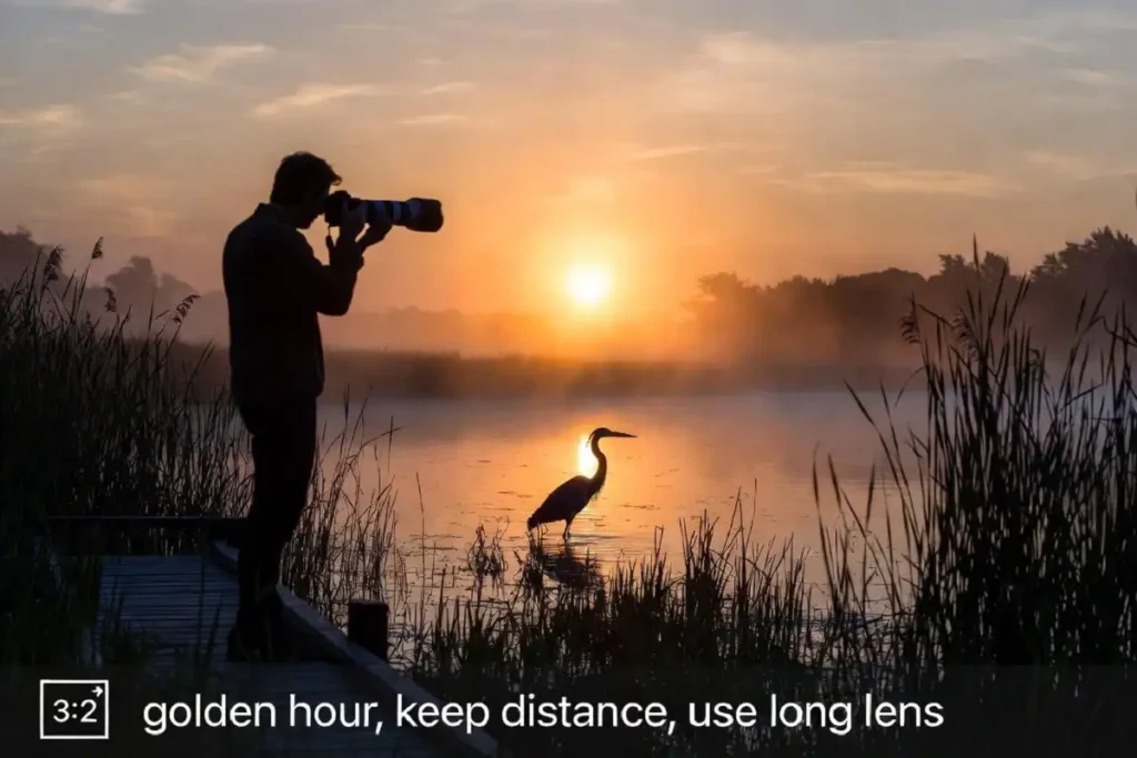 Photographer using a zoom lens at a nature center wetland during golden hour