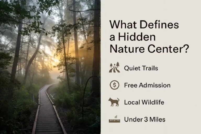 Hidden nature centers boardwalk trail at sunrise with infographic checklist of key features