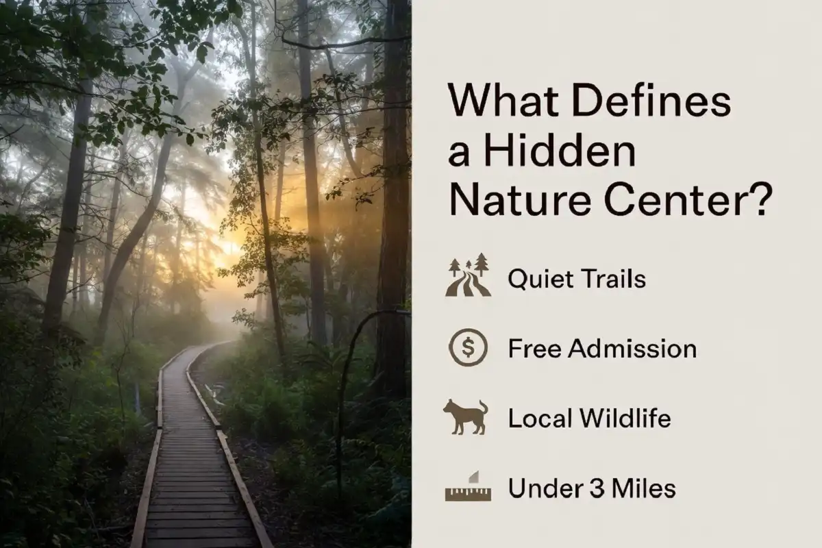 Hidden nature centers boardwalk trail at sunrise with infographic checklist of key features