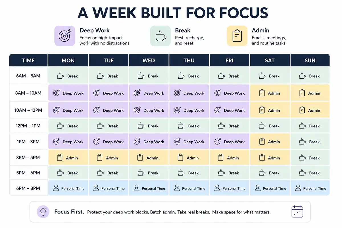 A time-blocked weekly calendar illustrating overcoming procrastination tips for daily scheduling