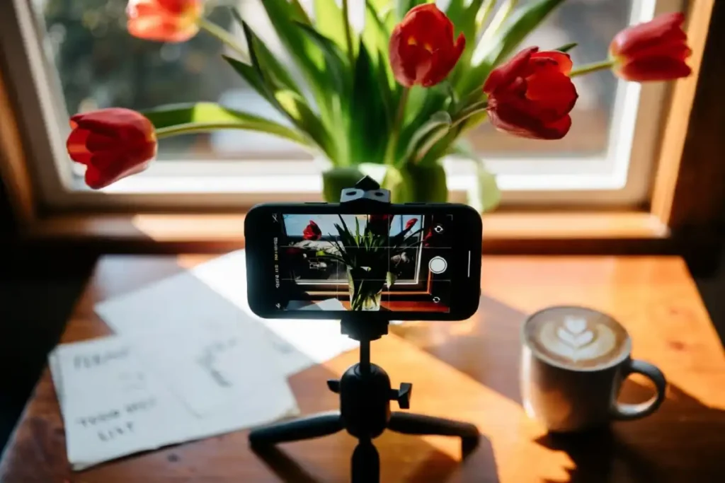 DIY setup for creating happy valentines day images at home with a phone, tulips, and golden hour light