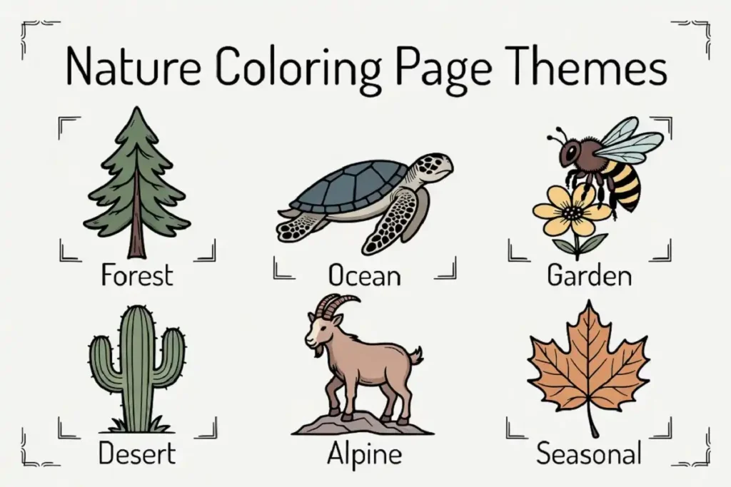 Grid infographic of nature coloring page themes including forest ocean and garden