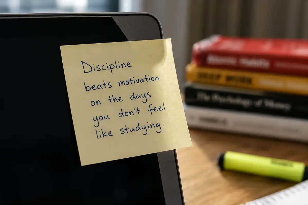 A motivational quote for exam students written on a sticky note near a study desk