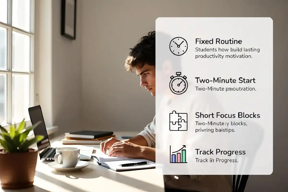 Productivity motivation guide for students shown through a focused study desk and habit infographic