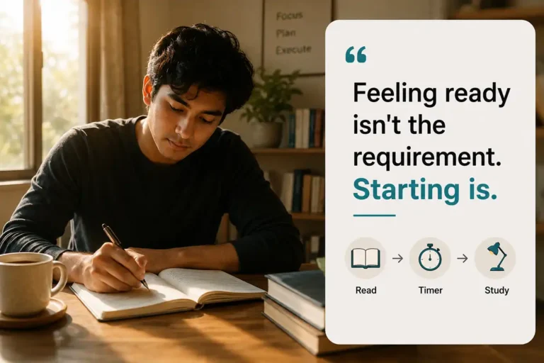 Motivational quotes for exam students shown beside a student starting a focused study session
