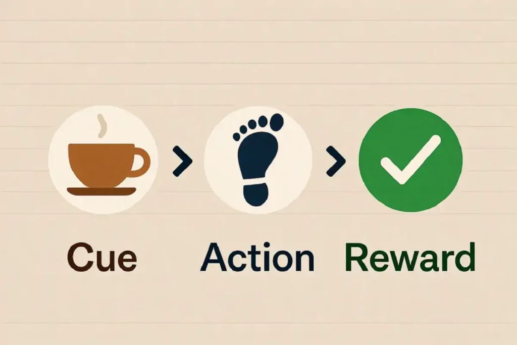 Habit stacking infographic showing cue action and reward steps for beginners