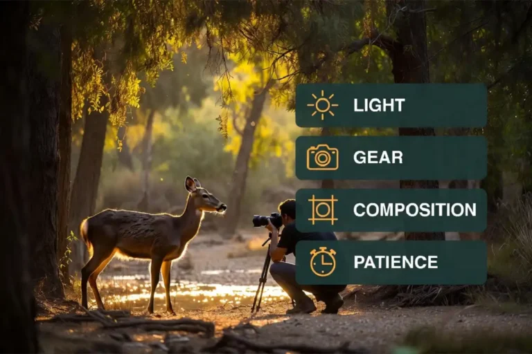 Infographic overlay on a nature photography scene showing light, gear, composition, and patience