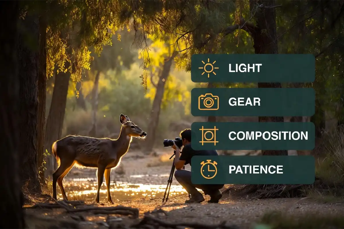 Infographic overlay on a nature photography scene showing light, gear, composition, and patience