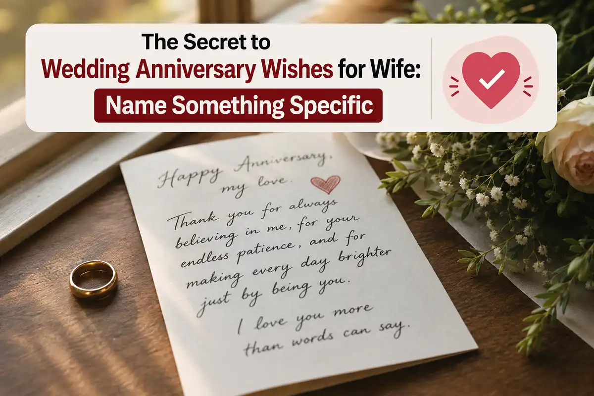Handwritten wedding anniversary wishes for wife card with infographic showing the key writing tip