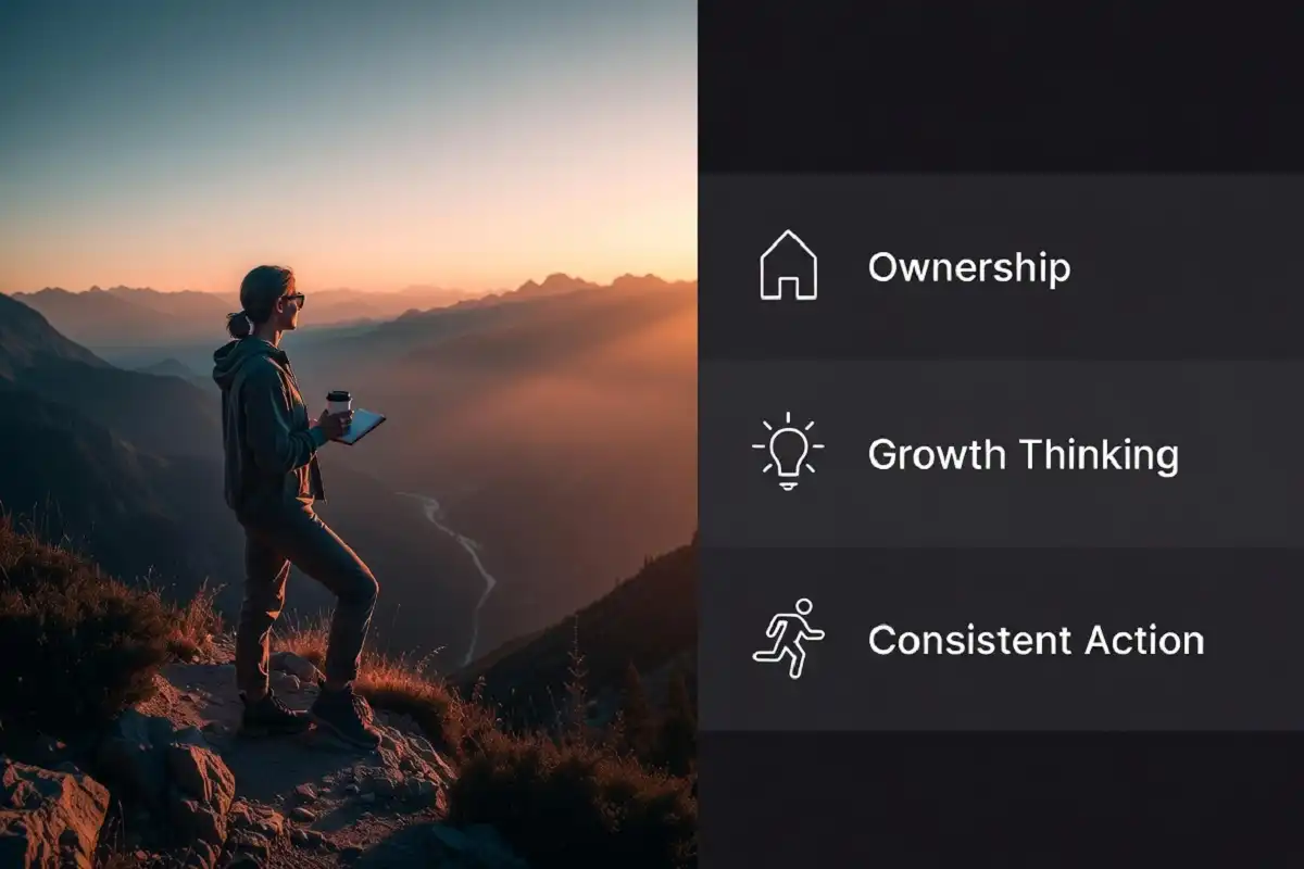 Infographic showing the three core habits behind a success mindset: ownership, growth thinking, and consistent action