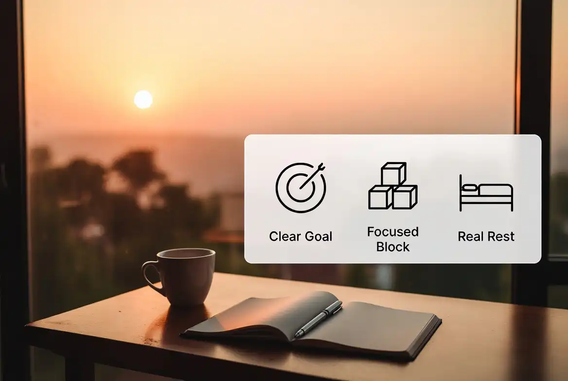 Infographic showing the three habits behind productivity motivation: goals, focus, and rest