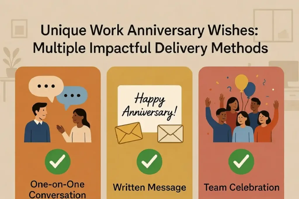 Infographic showing three delivery methods for unique work anniversary wishes: one-on-one conversations, written messages, and team celebrations