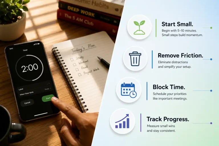 Overcoming procrastination tips shown through a two-minute timer and a four-step visual system