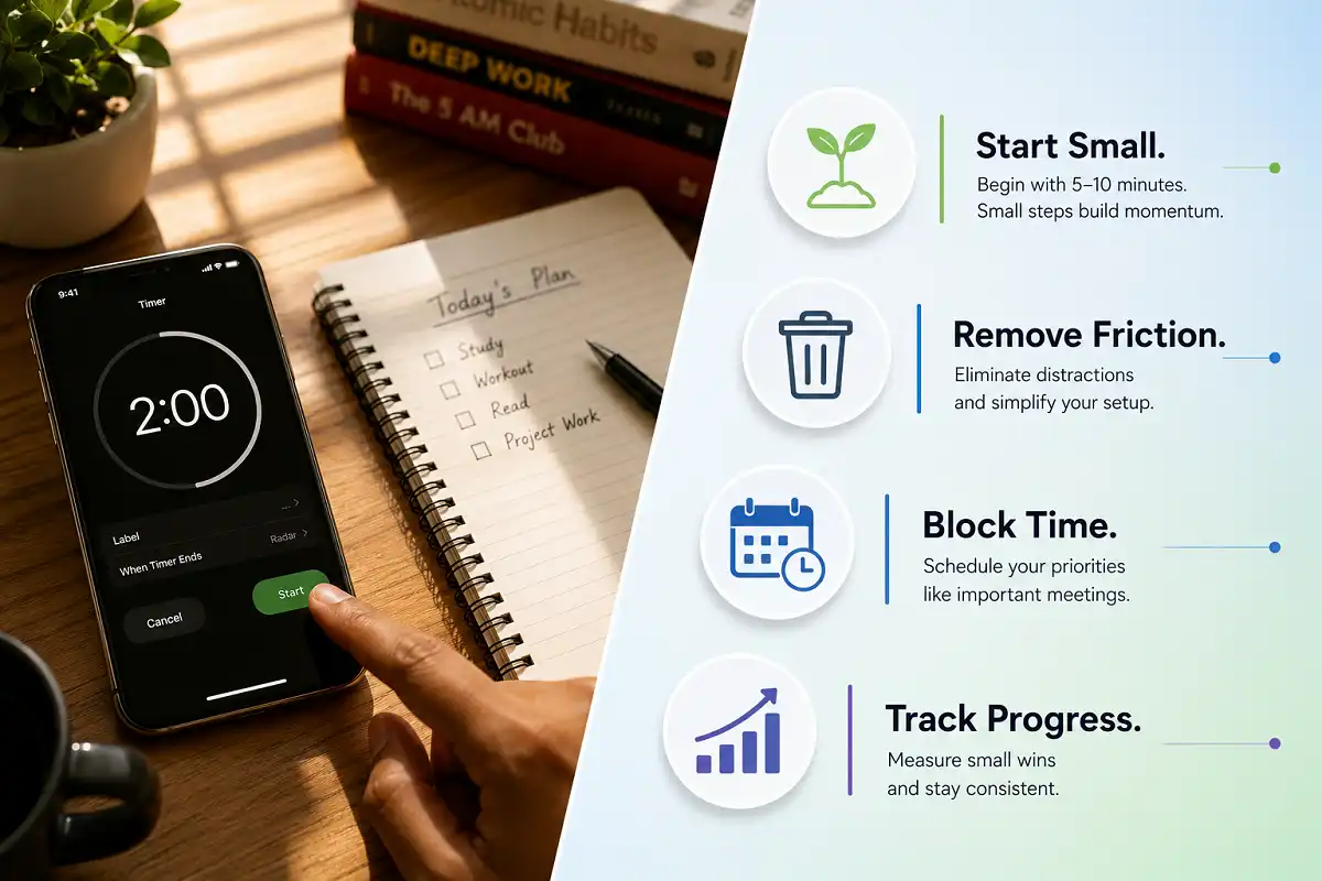 Overcoming procrastination tips shown through a two-minute timer and a four-step visual system