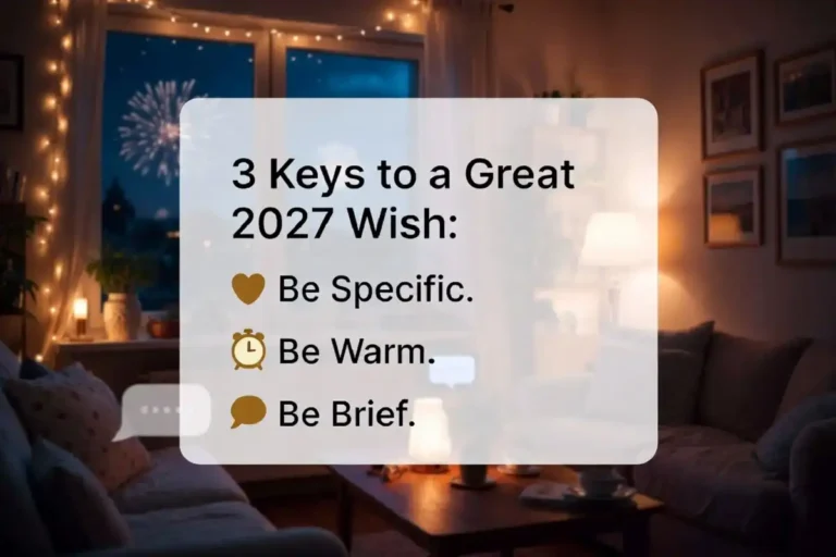 Photorealistic and infographic image showing happy new year wishes 2027 with three tips for writing them