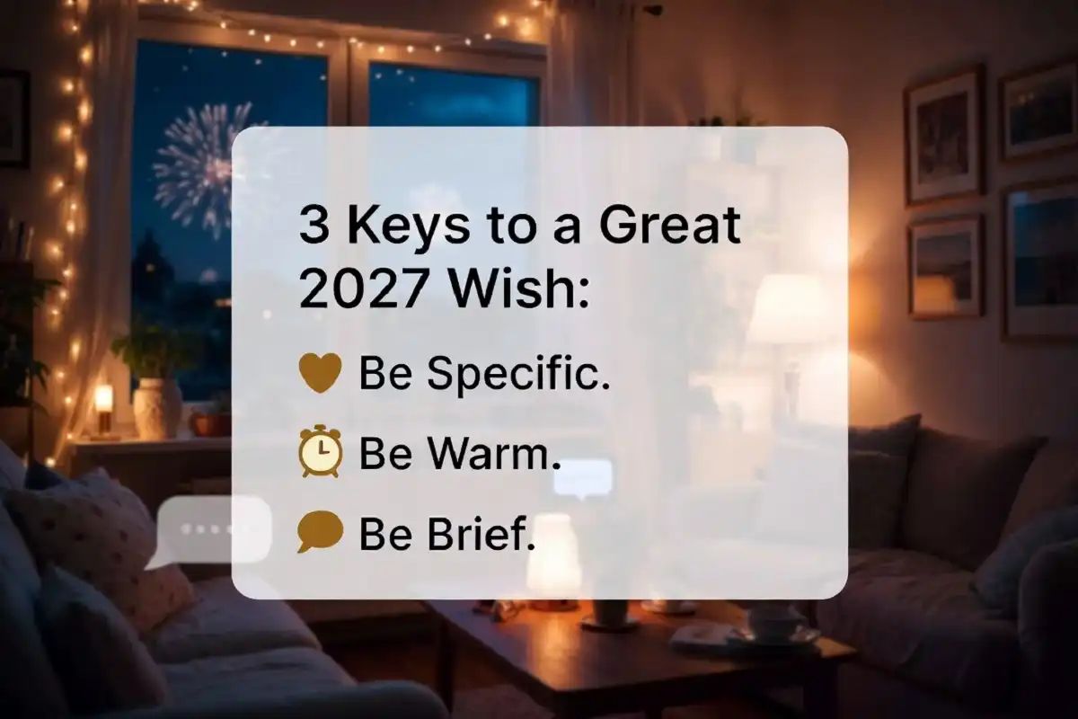 Photorealistic and infographic image showing happy new year wishes 2027 with three tips for writing them