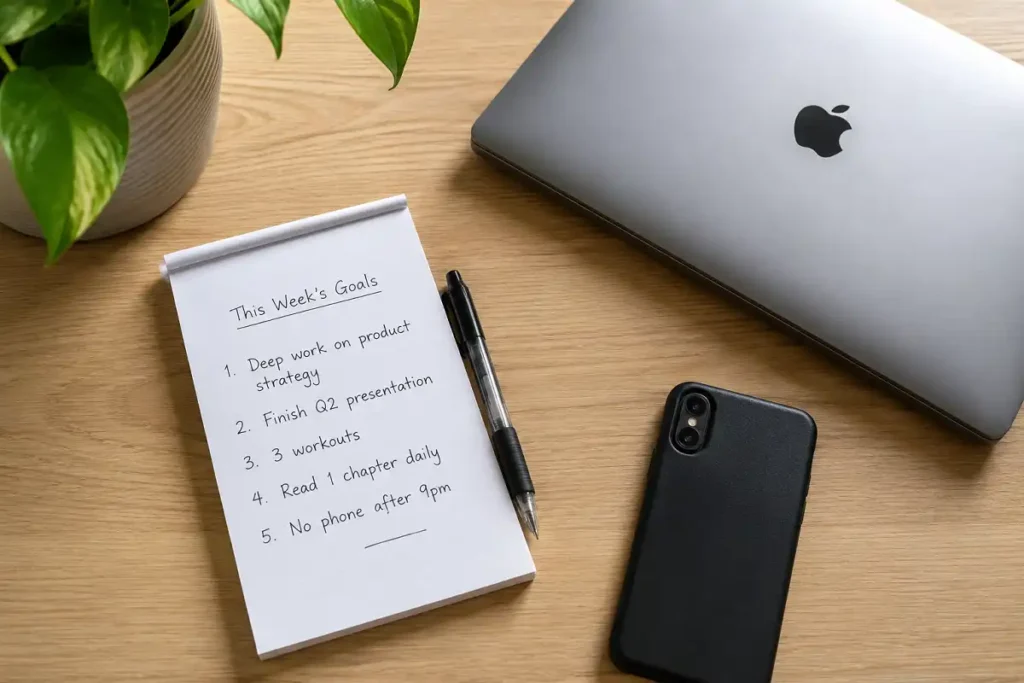 Desk setup reflecting outcome-based productivity, one of the core mindset lessons for entrepreneurs