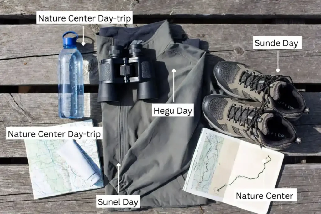Packing list for nature center travel including water, binoculars, layers, and shoes