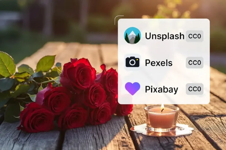 Romantic valentines day images free sources shown with roses, candlelight, and CC0 license icons