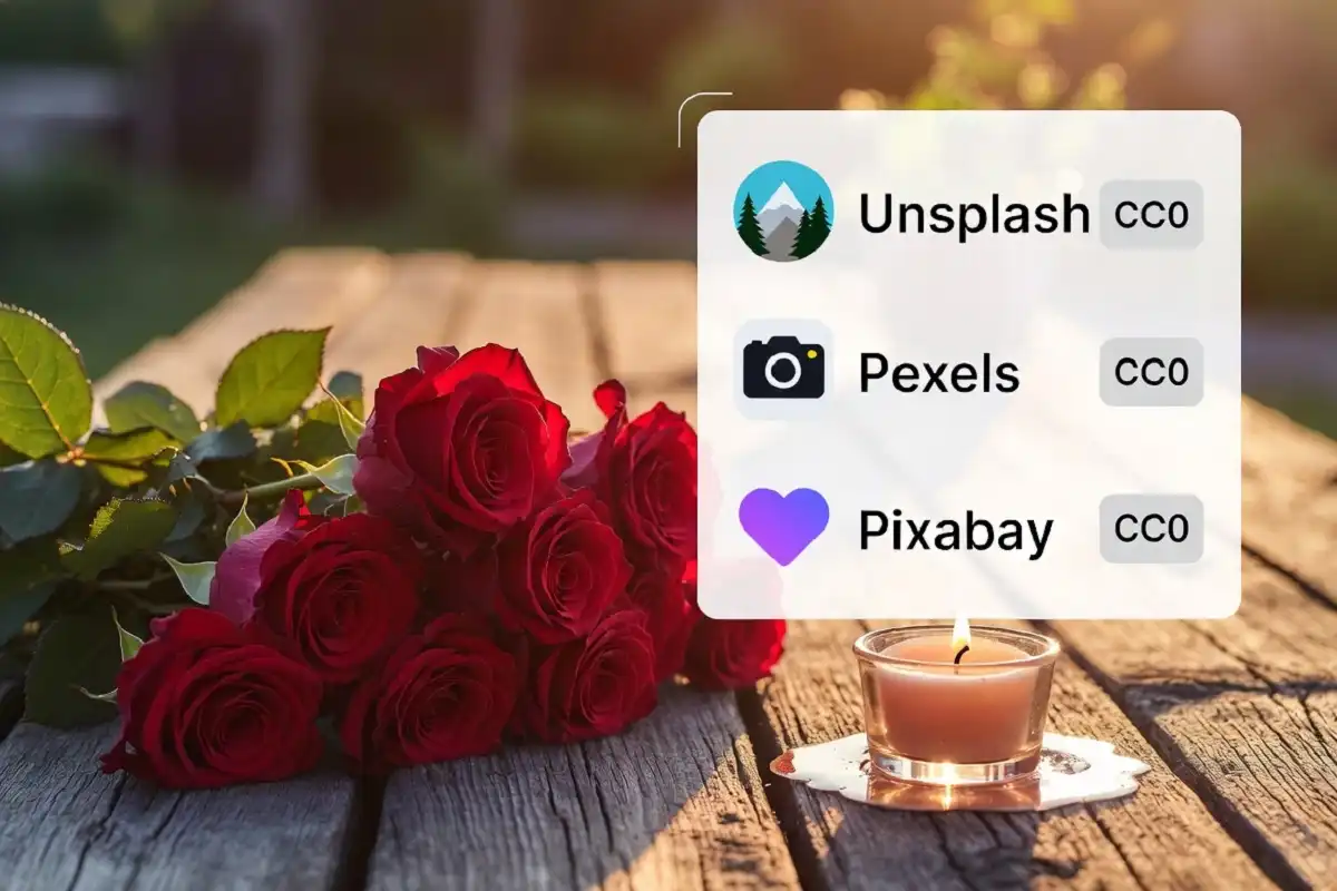 Romantic valentines day images free sources shown with roses, candlelight, and CC0 license icons