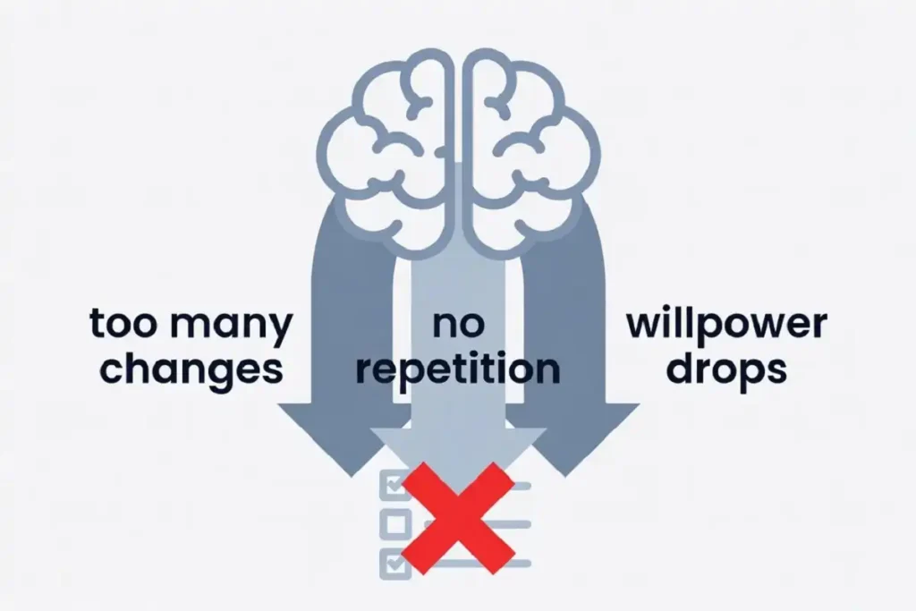 Diagram showing why too many self improvement changes at once fail for beginners